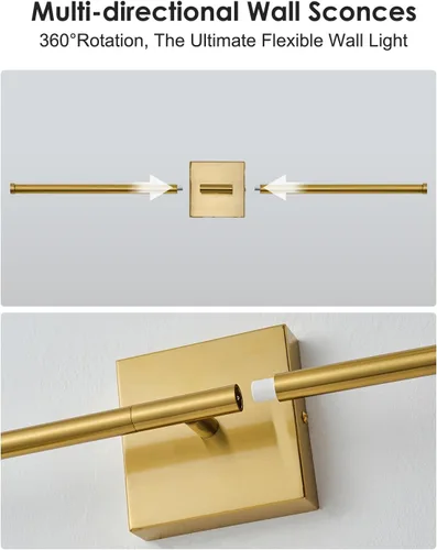 Miniatura 5 de KARTOOSH Juego de dos apliques de pared modernos, apliques de pared regulables con cableado, rotación de 350°, lámparas de pared LED de latón