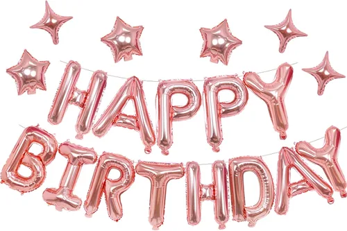 iPartycool - Cartel de globos de feliz cumpleaños, 24 piezas de letras de aluminio de tereftalato de polietileno de alta calidad en 3D de oro rosa