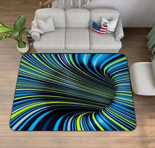 Alfombra de ilusión óptica 3D azul y verde, patrón geométrico de remolino, para dormitorio, sala de estar, decoración de interiores, 63 x 47