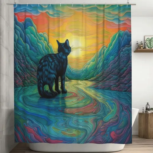 Miniatura 9 de YLATY1519 - Cortina de ducha abstracta de gatos para baño, divertido juego de cortina de ducha estilo hippie con diseño bohemio, tela moderna e