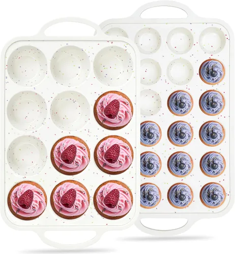Juego de moldes antiadherentes regulares para magdalenas de 12 tazas y 24 tazas para hornear moldes de silicona para magdalenas con marco reforzado