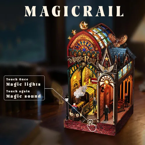 Miniatura 7 de Kit de rincón de libros, estante en miniatura para casa con luces LED y música, rompecabezas de madera 3D de estación de tren retro para adultos