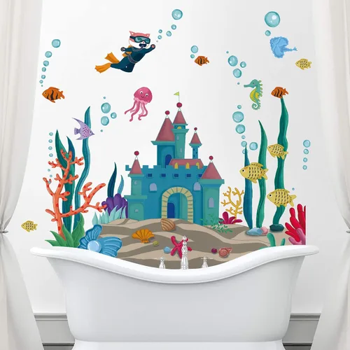 Miniatura 5 de Calcomanías de pared de peces marinos 3D bajo el mar, castillo, calcomanías de pared removibles de algas marinas, corales de medusas de burbujas