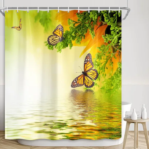 Cortina de ducha de mariposa amarilla, plantas naturales de primavera, floral y fantasía, lago de hadas zen, 72 x 72 pulgadas, juego de decoración