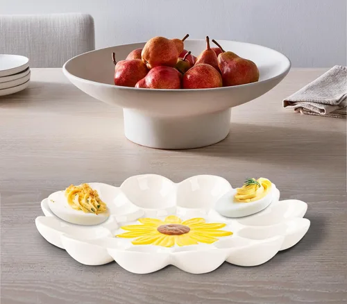 Miniatura 5 de YU&CH Bandeja de huevo Deviled de girasol de cerámica - Plato de huevo blanco para fiesta