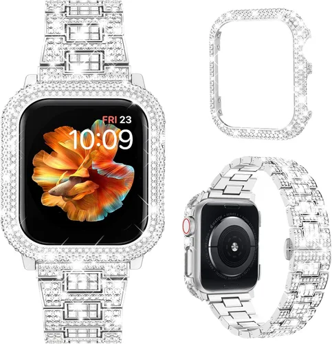 Miniatura 9 de Mosonio Compatible con correas brillantes para Apple Watch de 40/44/41/45/42/1.811 in con caja de metal brillante, bandas de diamantes de lujo