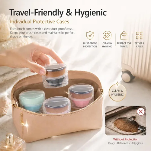 Miniatura 7 de BEAHOT Paquete de 4 brochas de maquillaje de base, juego de brochas Kabuki de parte superior plana para líquidos, crema y polvo, cepillo facial