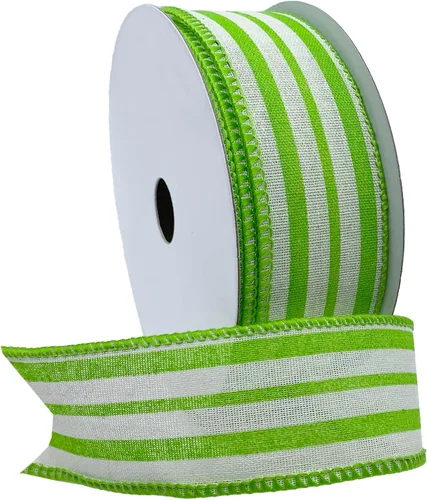 Morex Ribbon Cinta de rayas de cabaña de lino con cable, 1.5 pulgadas por 10 yardas, verde manzana, 7579.40/10-550