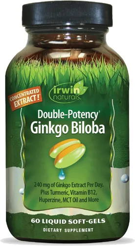 Irwin Naturals Suplemento de doble potencia Ginkgo Biloba de 240 mg extra fuerte para la salud cerebral, mejora la memoria, el enfoque mental, el