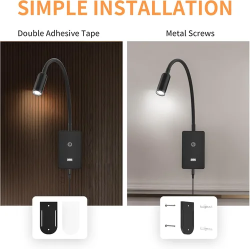 Miniatura 5 de Lámpara LED de pared regulable al tacto, lámpara de lectura LED flexible negra para dormitorio, 4 niveles de brillo (100% - 70% - 35% - 15%), Negro