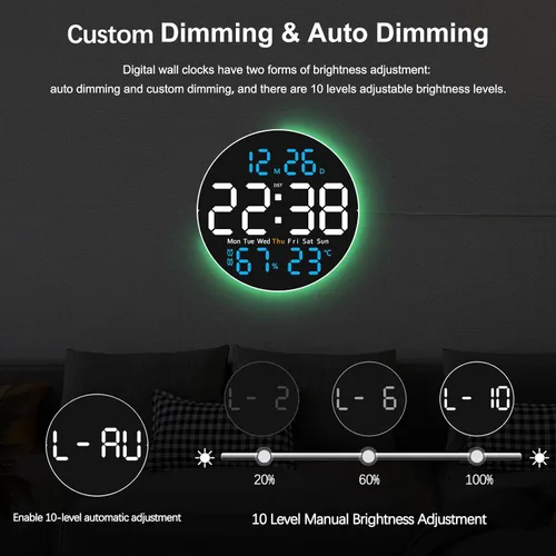 Miniatura 4 de JoFomp Reloj de pared digital grande de 10 pulgadas con control remoto, pantalla LED, reloj despertador digital enchufable, brillo automático, DST
