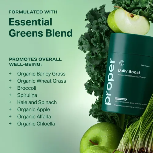 Miniatura 5 de Proper, The Greens Daily Boost Organic Greens Powder. Alimento Integral, Polvo Vegetal Superalimento Sabor Manzana con Pasto de Trigo, Espirulina