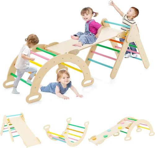 Miniatura 11 de HONEY JOY Juguetes de escalada de madera 5 en 1 para niños pequeños, escalador triangular con rampa para deslizarse o escalar, juego de arco