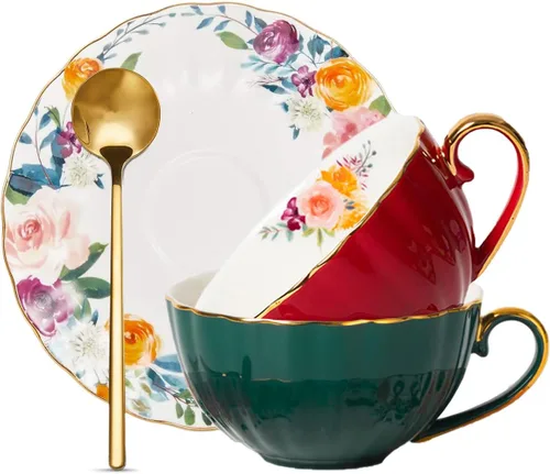 Miniatura 8 de ONEUSTAR Juego de taza de té y platillo para 1 taza de té floral de porcelana de hueso con cuchara, taza de café de 8 onzas, taza de capuchino latte