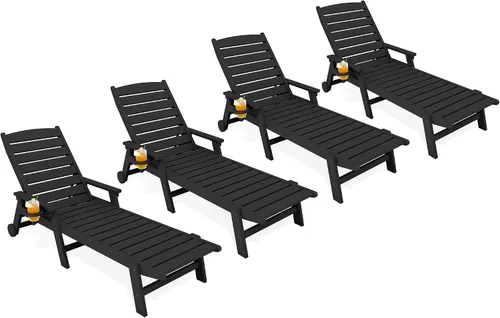 Miniatura 26 de KINGYES Sillón de polietileno de alta densidad para exteriores, tumbona reclinable para patio con portavasos para todo tipo de clima, tumbona