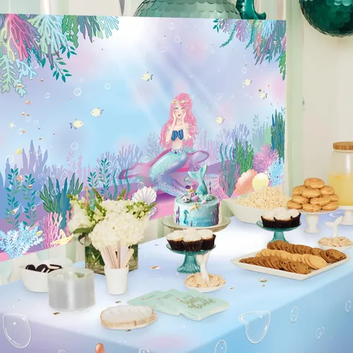 Miniatura 6 de Mantel de tela bajo el mar de 9 x 5 pies, funda de mesa de sirena para decoración de fiesta de cumpleaños bajo el mar, decoración de fiesta