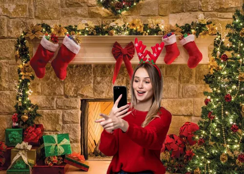 Miniatura 4 de Telón de fondo de chimenea de Navidad de 7x5 pies, telón de fondo de Navidad con árbol y calcetín, decoraciones para suministros de fiesta