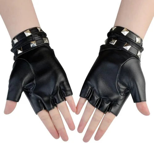Miniatura 4 de Guantes de piel sintética con remaches punk, de medio dedo, sin dedos, para mujer