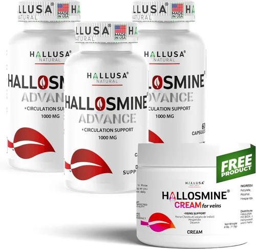 Hallusa Natural Hallosmine Advance Circulation & Vein Support, Diosmin 1000 mg + crema de piernas gratis, pies hinchados, tobillos y piernas, venas
