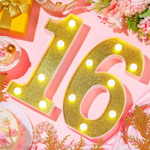 Miniatura 5 de Treela Números LED iluminados decorativos de 8.7'' de cumpleaños, letrero de números de marquesina de purpurina para decoraciones de fiesta de Oro