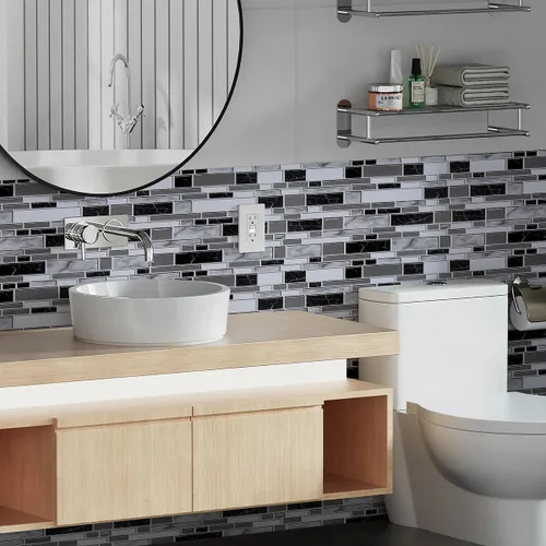 Miniatura 2 de Loseta en muro adhesiva de color blanco y negro para cocina, papel tapiz removible de 11.8 x 78.7 pulgadas, papel adhesivo con azulejos para baño