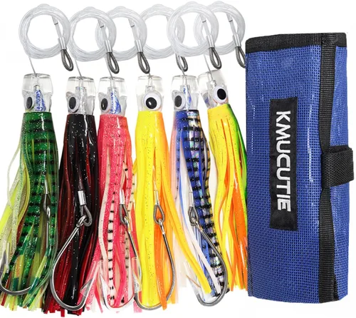 Miniatura 8 de KMUCUTIE Juego de 6 señuelos de pesca de 9 pulgadas, 7 pulgadas, 6.5 pulgadas, marlin, atún, delfín, tiburón, gran juego, señuelos de pesca en mar