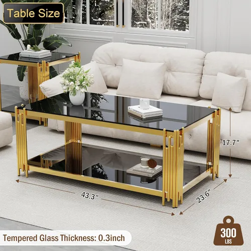 Miniatura 2 de Mesa de centro de cristal negro de 43 pulgadas, mesa moderna para sala de estar, acero inoxidable dorado, patas de metal, rectangular, de vidrio