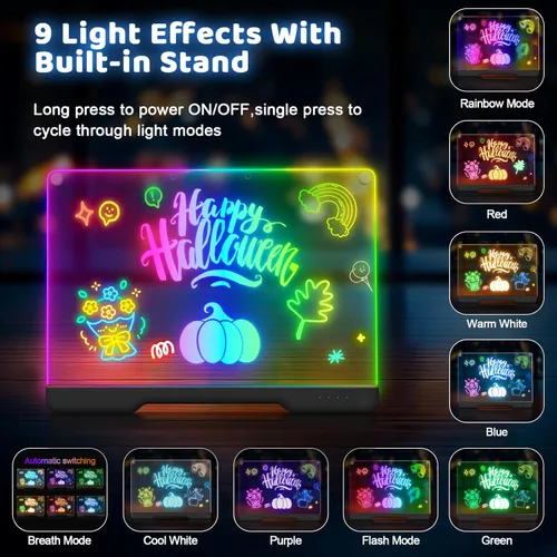 Miniatura 2 de Tablero de notas LED Doodle Glow recargable de 16 pulgadas, 7 modos de luz de colores, almohadilla de dibujo iluminada de arte neón de borrado