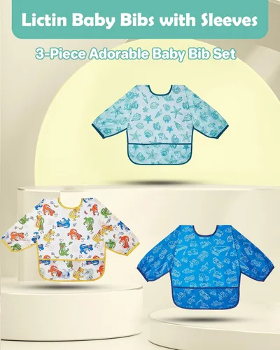 Miniatura 2 de Lictin Paquete de 3 baberos para bebé para niño o niña, lindo babero de manga larga, baberos impermeables para niños pequeños, bata de bebé