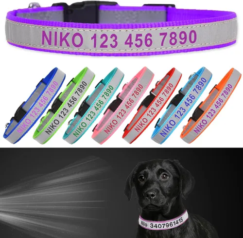 Miniatura 10 de Collar reflectante personalizado para perro, nombre y número de teléfono bordado personalizado para mascotas con hebilla de nailon ajustable en 5