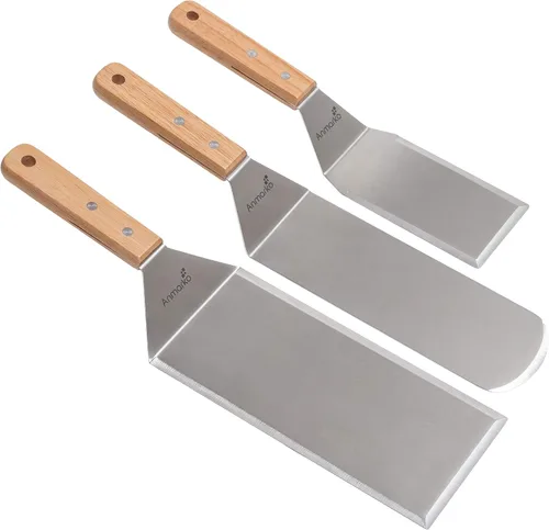 Juego de espátulas de metal para hamburguesas de acero inoxidable, espátula para parrilla de barbacoa, parte superior plana Juego de mango de madera