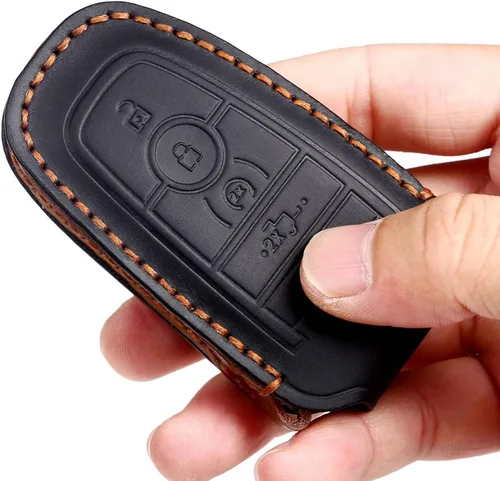 Miniatura 3 de Funda de cuero para llave de auto para Ford F-150 Mustang, llave inteligente con mando a distancia, funda de 5 botones, color negro