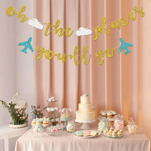 Miniatura 5 de INNORU Cartel de Oh The Places You Go - Decoración de banderines para fiesta de despedida temática de viaje, Bon Voyage, cumpleaños, aniversario