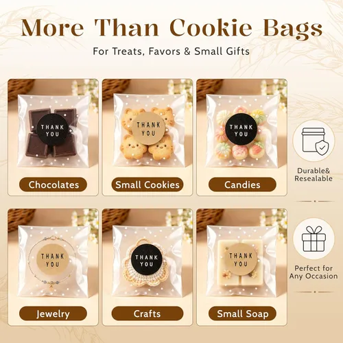 Miniatura 9 de NPLUX Paquete de 100 bolsas de celofán autosellantes transparentes para galletas y golosinas "Gracias" para obsequios y dulces con calcomanías