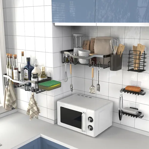 Miniatura 6 de NESOMI Organizador de Ducha Adhesivo Juego de 7 Piezas, Estantes de Baño de Acero Inoxidable a Prueba de Óxido, Accesorios de Almacenamiento sin