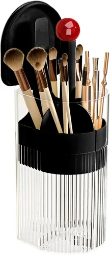 Soporte para brochas de maquillaje con tapa, mecanismo de apertura y cierre con una sola mano, organizador de herramientas cosméticas, transparente,