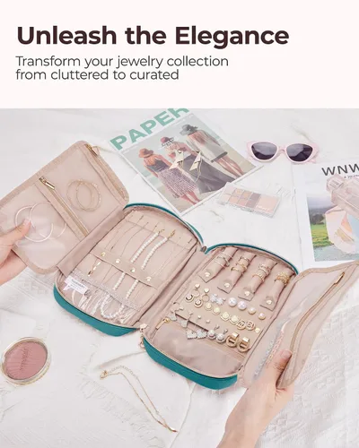 Miniatura 31 de BAGSMART - Estuche de joyería de viaje, organizador de joyas para mujeres y niñas, bolsa de almacenamiento con cierre para collares enrollados, Beige
