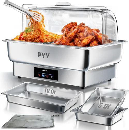Miniatura 7 de Juego de buffet de platos de roce PYY con tapa enrollable, juego de 9 cuartos de galón de servidor de roce de acero inoxidable para catering, chafer