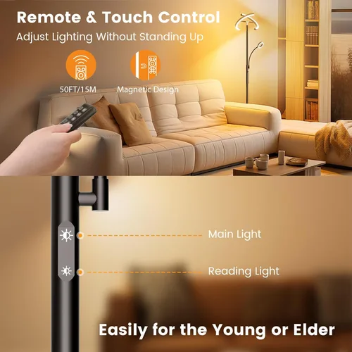 Miniatura 5 de SIBRILLE Lámpara de pie LED para sala de estar - Lámpara de pie moderna con luz de lectura, control táctil remoto, luz de pie regulable Negro