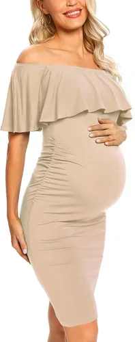 Miniatura 4 de Vestido de maternidad ajustado con volantes y hombros descubiertos, vestido de embarazo formal para baby showerfotografía