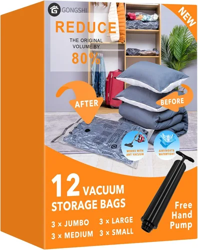 Miniatura 14 de 10 paquetes de bolsas de almacenamiento al vacío (5 x grandes, 5 x medianas), bolsas compresoras selladoras ahorradoras de espacio con bomba de mano
