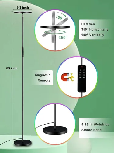 Miniatura 4 de monococo Lámpara de pie LED RGB, 2025 mejorada 36 W 3600 lúmenes, atenuación continua que cambia de color, lámparas de pie con control remoto, 69