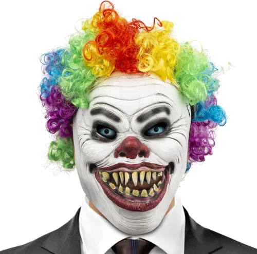 PartyHop Máscara de payaso con peluca de látex de mandíbula móvil de cabeza completa, máscara de terror aterrador, vestido elegante para Halloween,