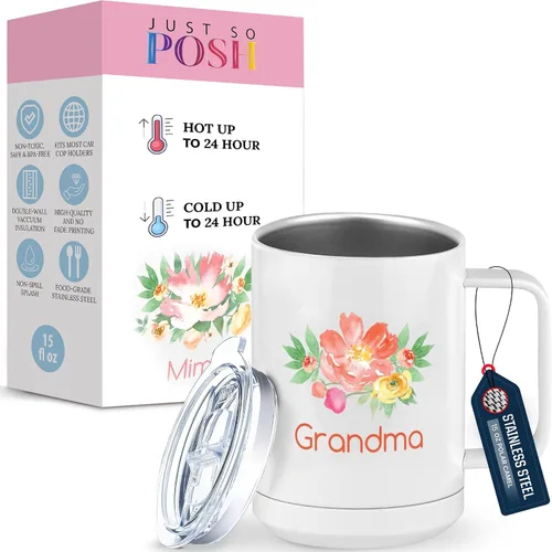 Miniatura 16 de Just So Posh Abuela Flowers - Vaso de café con asa y tapa deslizante, color blanco de 15 onzas, color camello polar, acero inoxidable, aislado al