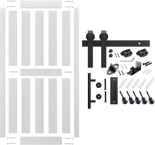 Miniatura 3 de Puerta corredera de granero de 36 x 80 pulgadas con kit de herrajes para puerta de granero de 6.6 pies, mango y guías de suelo, agujeros Blanco