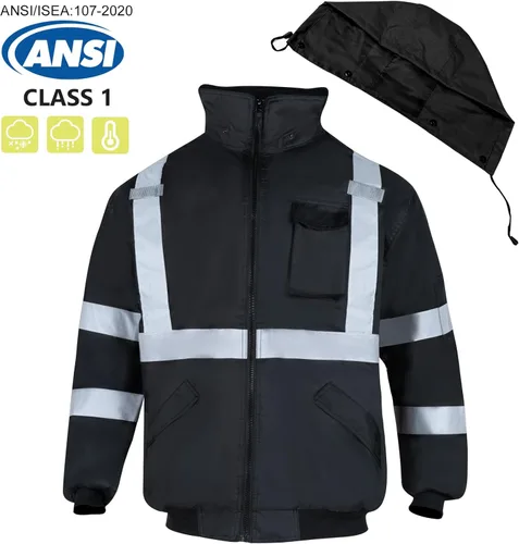 Miniatura 2 de VENDACE Chaquetas de seguridad reflectantes de alta visibilidad para hombres Forro polar de invierno ANSI Clase 1 Chaqueta bomber con capucha Hi Vis