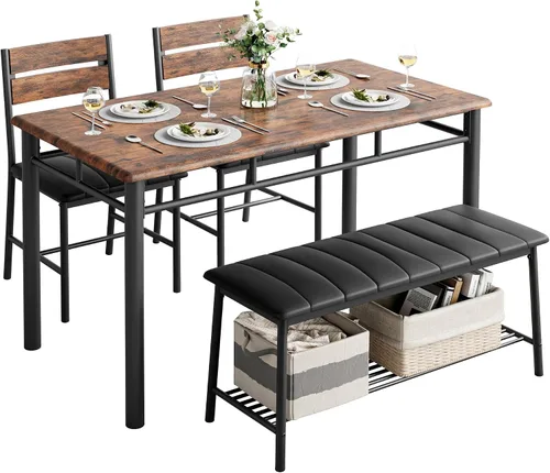 Miniatura 9 de Conjunto de mesa de comedor IRONCK para 4, mesa de cocina con banco tapizado y 2 sillas, juego de mesa y sillas de cocina para espacios pequeños