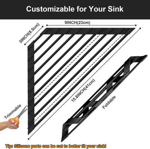 Miniatura 2 de HANZENMA Estante triangular para fregadero, estante multifuncional sobre la encimera, esterilla plegable para secar el fregadero, resistente al Negro