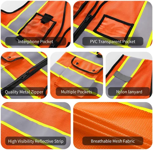 Miniatura 6 de Chaleco de seguridad con logotipo personalizado, chaleco reflectante de visibilidad estándar ANSI clase 2 a granel con bolsillos y cremallera
