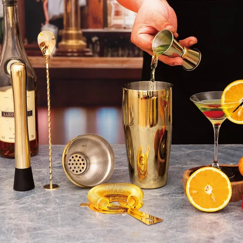 Miniatura 6 de Juego de coctelera de barman, juego de 5 piezas de barra de acero inoxidable para barman profesional y hogar (dorado, 5 piezas)